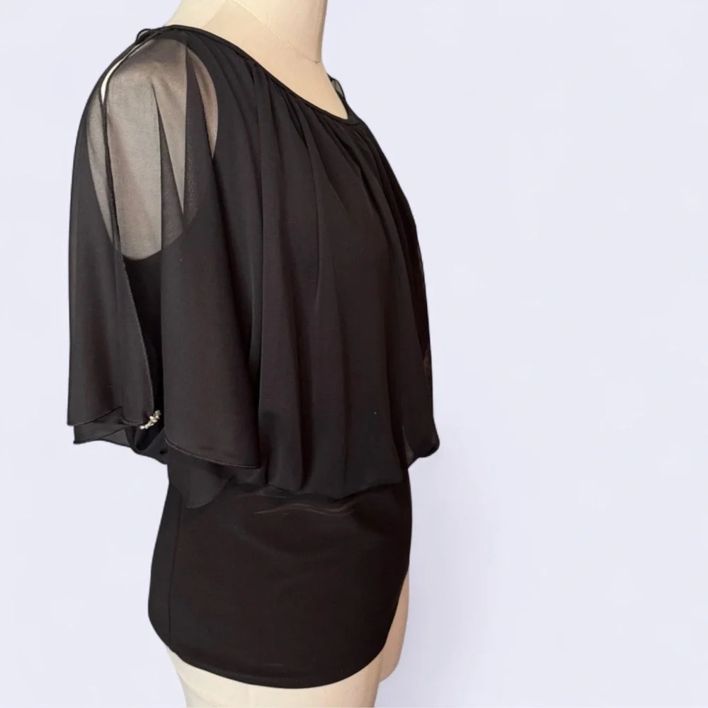 White House Black Market Black Relaxed Ruched Blouse with sheer flowey upper szM - Picture 2 of 7